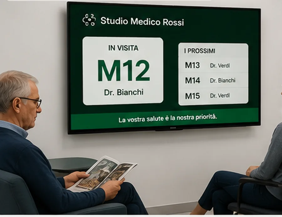 Sala d'attesa di uno studio medico: lo schermo chiama il numero M12 dal Dr. Bianchi, i pazienti aspettano seduti