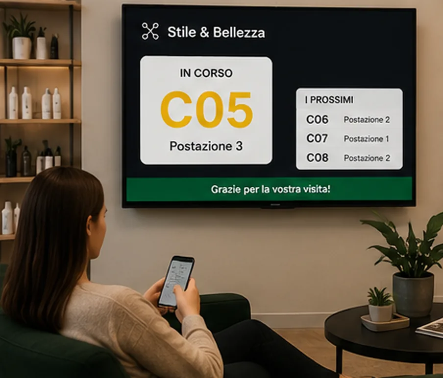 Sala d'attesa di un salone: lo schermo mostra il numero C05 in corso alla postazione 3, una cliente segue il suo turno dal telefono