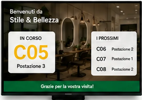 Schermo di sala: numero in corso, i prossimi e la postazione