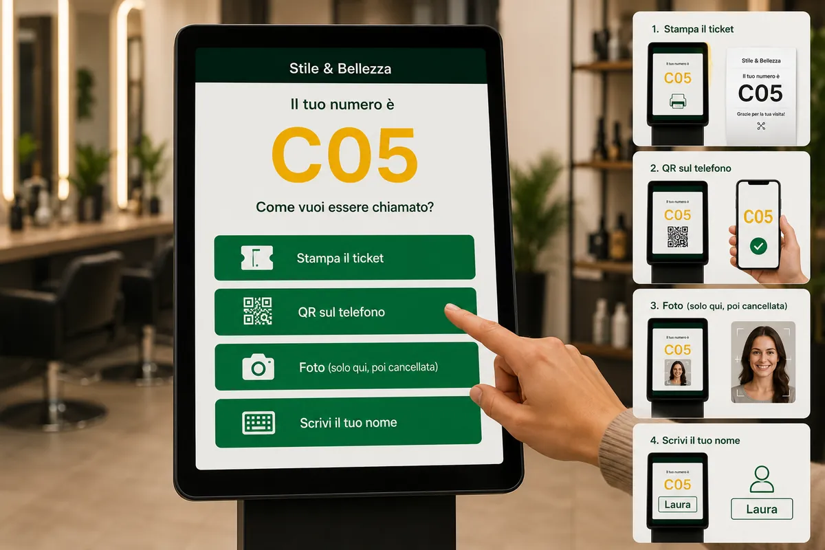 Il totem all'ingresso mostra il numero C05 e i quattro modi per essere chiamati: ticket di carta, QR sul telefono, foto o nome